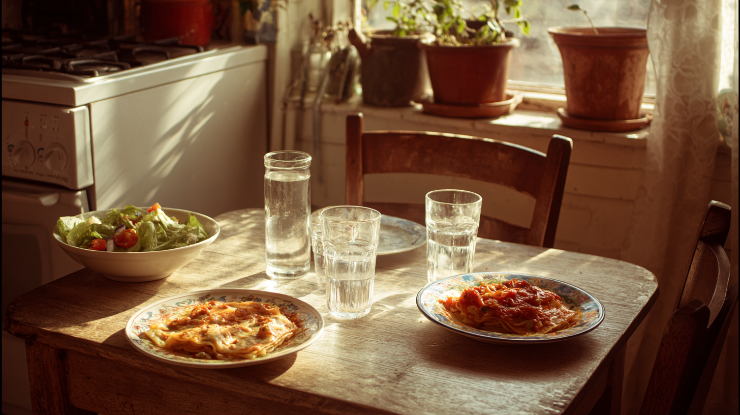 Sunlit kitchen table set for two with pasta, salad, and water glasses, potted herbs on the windowsill