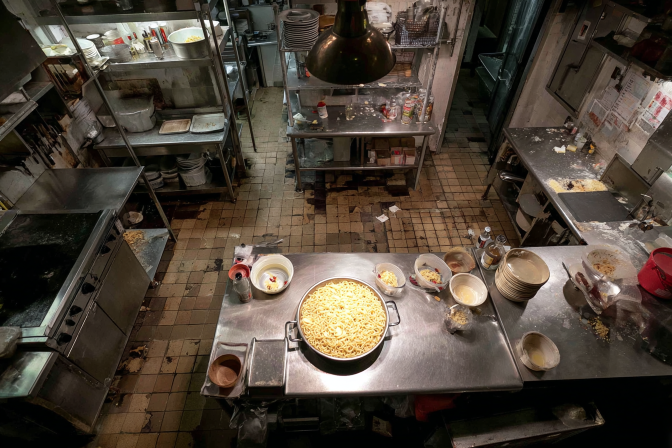 Overhead view of a dim commercial kitchen after final service, a pan of food still on the stove surrounded by scattered bowls
